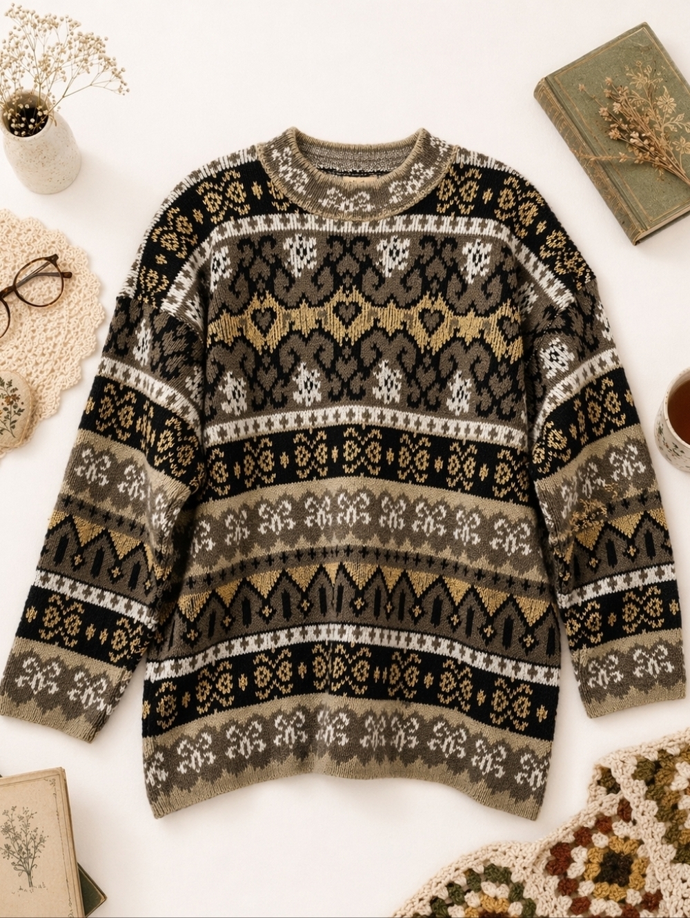 PARKWAY KNITS Vtg Black Gold White L Sleeve Grannycore Sweater. Ladies L/XL